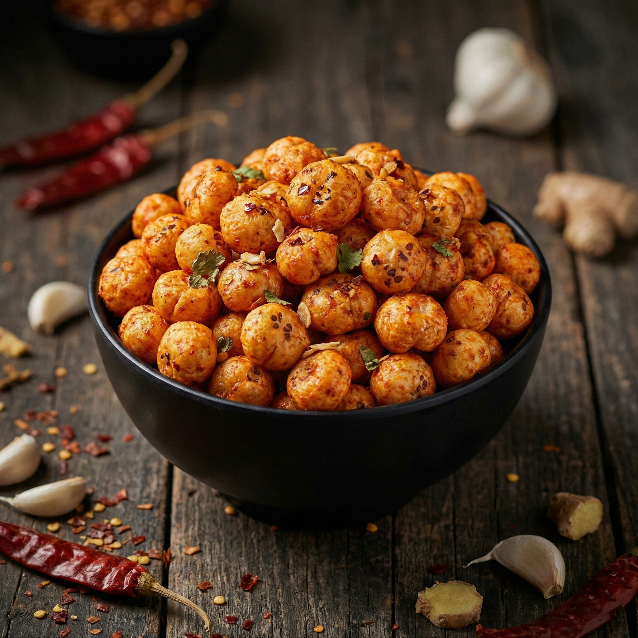 A bowl of momo chutney flavoured makhana coated with spicy red seasoning, styled for a bold street-style snack look