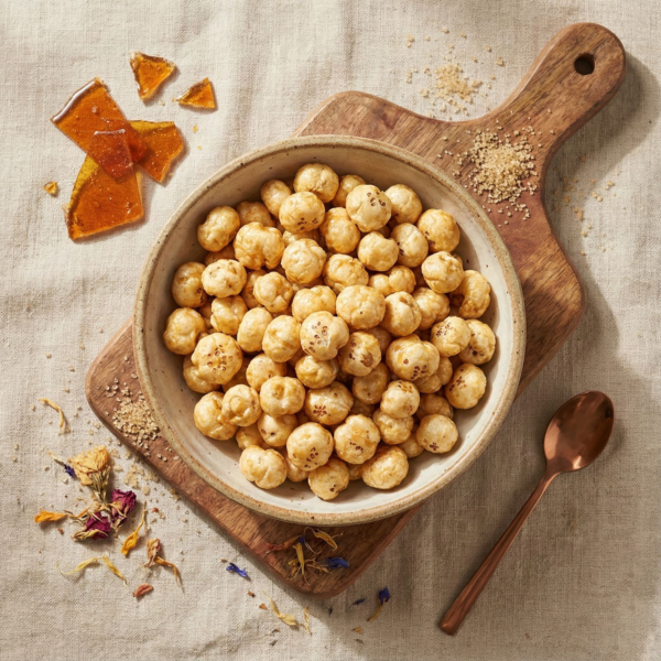 Top view of caramel salted makhana in a bowl, highlighting its golden colour and gentle caramel seasoning