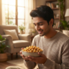 A person enjoying caramel salted makhana as a sweet and savoury snack indoors