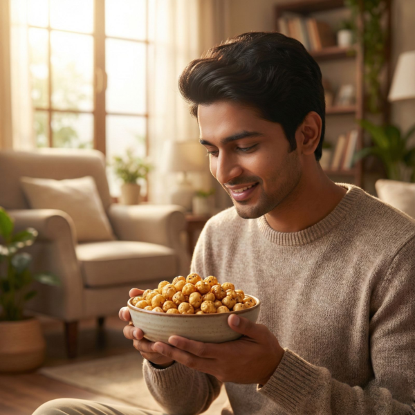 A person enjoying caramel salted makhana as a sweet and savoury snack indoors