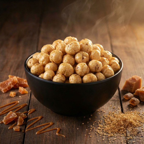 A bowl of caramel salted makhana coated with a sweet and lightly salty glaze, styled on a clean surface for a premium snack look
