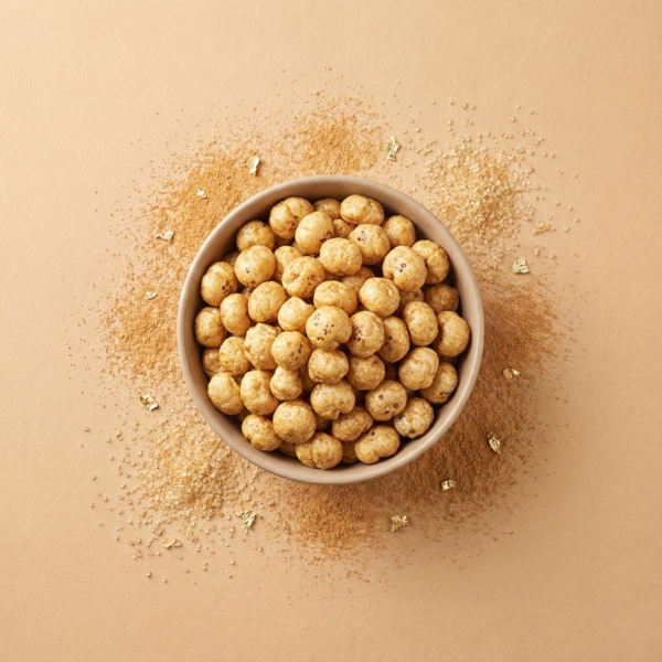 Top view of caramel salted makhana arranged neatly on a warm beige background, showing its rich caramel coating