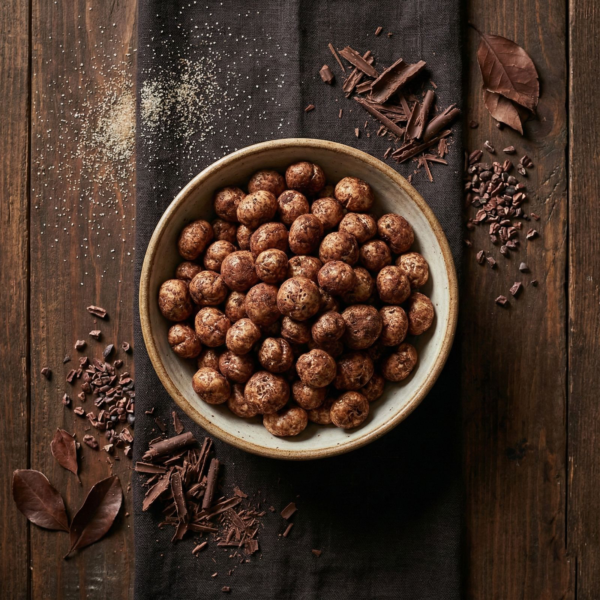 Top view of chocolate flavoured makhana in a bowl, highlighting its deep cocoa colour and crisp texture