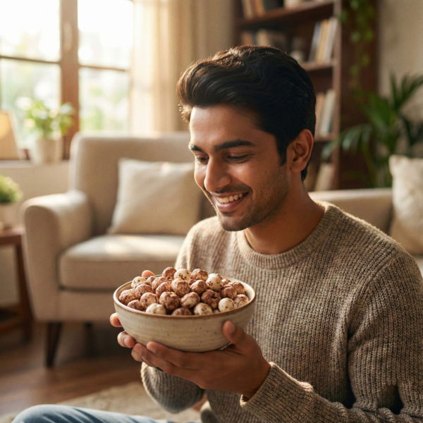 A person enjoying chocolate makhana as a sweet and satisfying snack indoors