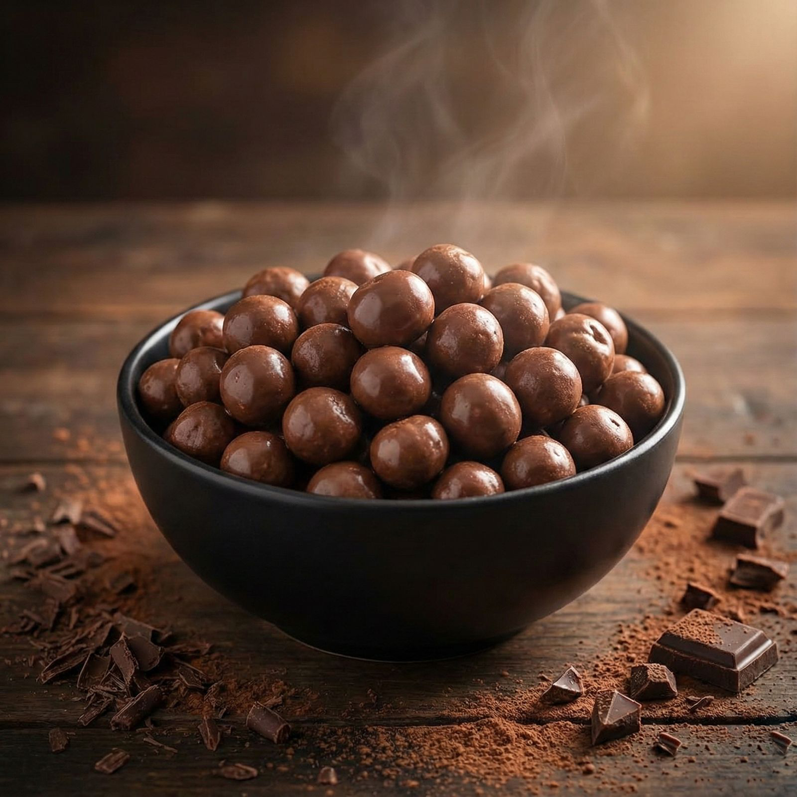 A bowl of chocolate flavoured makhana coated with a rich cocoa seasoning, styled on a clean surface for an indulgent snack look