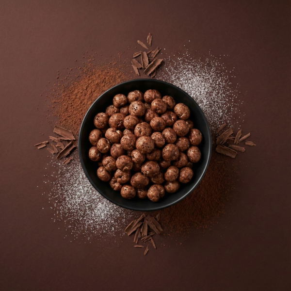 Top view of chocolate makhana arranged neatly on a dark cocoa-toned background, showing its rich chocolate coating
