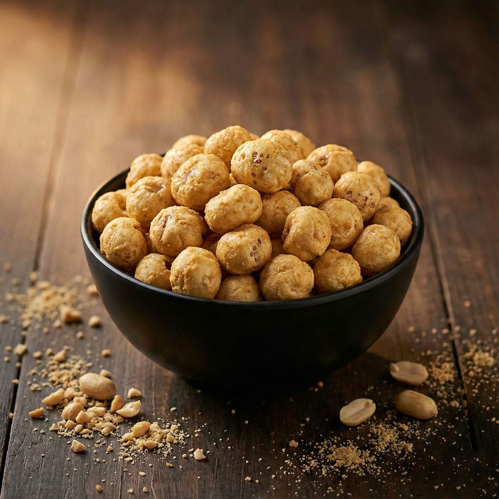 A bowl of peanut butter flavoured makhana coated with a light nutty seasoning, styled on a clean surface for a wholesome snack look