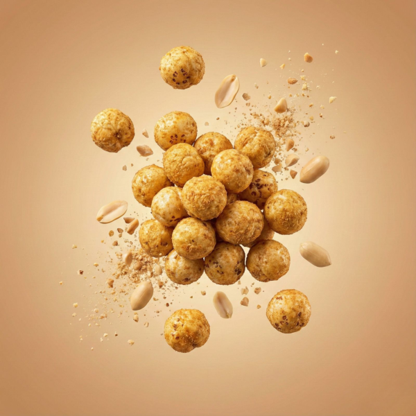 Floating peanut butter makhana showing its crunchy texture and warm nut-flavoured coating against a soft background