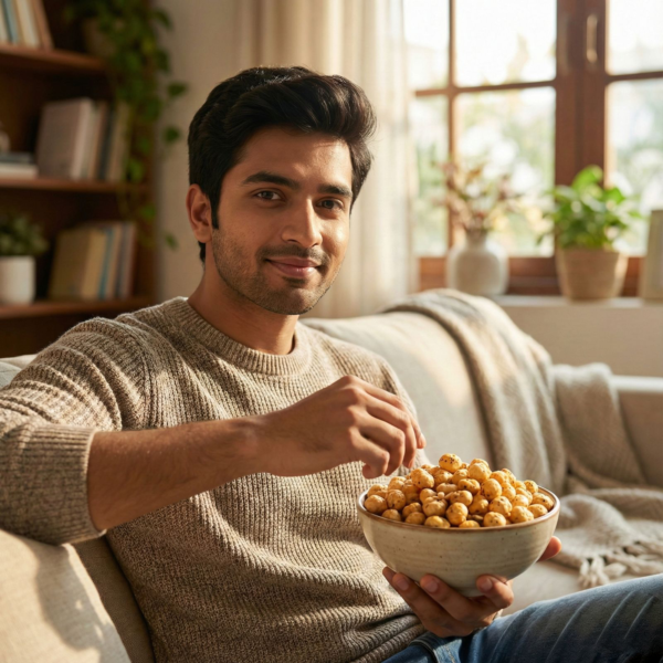A person enjoying peanut butter makhana as a filling and tasty snack indoors