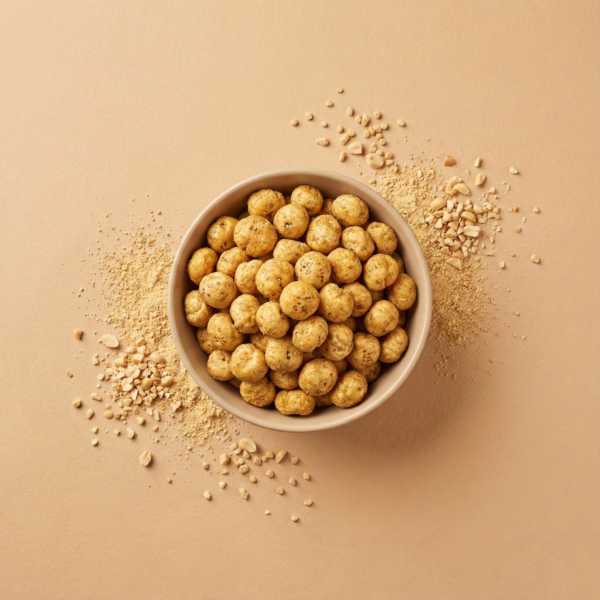 Top view of peanut butter makhana arranged neatly on a beige background, showing its smooth nutty seasoning
