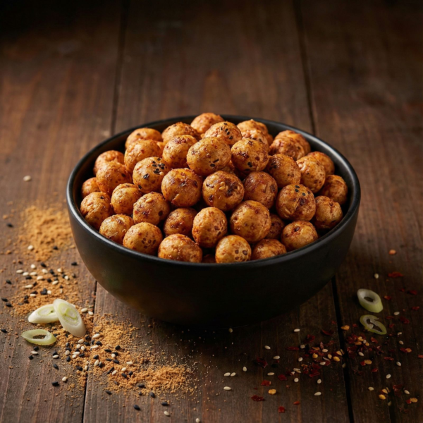 A bowl of spicy miso flavoured makhana coated with a rich, savoury seasoning, styled for a bold and premium snack look
