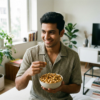 A person enjoying spicy miso makhana as a flavourful and savoury snack indoors
