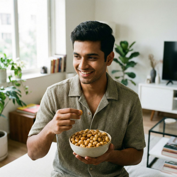 A person enjoying spicy miso makhana as a flavourful and savoury snack indoors