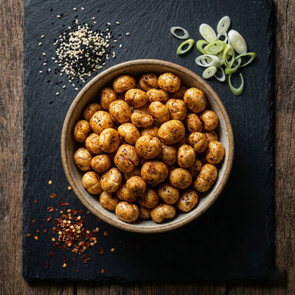 Top view of spicy miso flavoured makhana in a bowl, highlighting its warm colour and seasoned surface