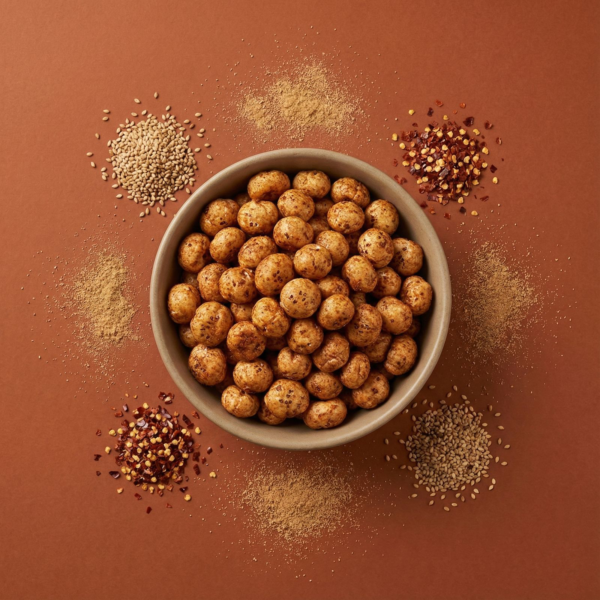 Top view of spicy miso makhana arranged neatly on a warm brown background, showing its bold seasoning