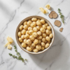 Top view of truffle parmesan cheese makhana arranged neatly on a light neutral background, showcasing its elegant seasoning