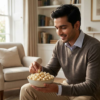 A person enjoying truffle parmesan makhana as a rich and indulgent snack indoors