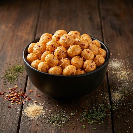 A bowl of buffalo ranch flavoured makhana coated with creamy and spicy seasoning, styled for a bold snack look