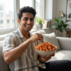 A person enjoying buffalo ranch makhana as a flavourful and creamy snack indoors