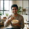 A person enjoying white cheddar makhana as a rich yet balanced snack indoors