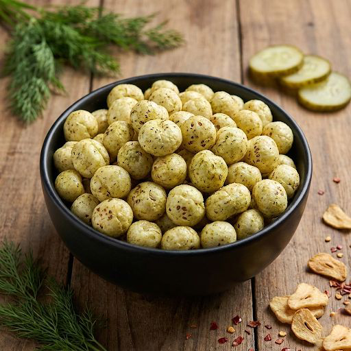 A bowl of dill pickle flavoured makhana coated with tangy herb seasoning, styled for a fresh and crunchy snack look