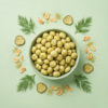 Top view of dill pickle makhana arranged neatly on a soft green background, showing its zesty herb finish
