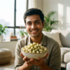 A person enjoying dill pickle makhana as a tangy and refreshing snack indoors