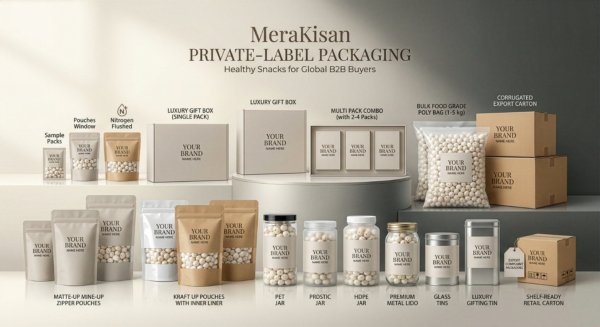 Premium private-label makhana packaging options by MeraKisan, showcasing matte zipper pouches, kraft pouches, PET and glass jars, metal tins, luxury gift boxes, bulk poly bags, and export-ready cartons for global B2B and private label buyers.